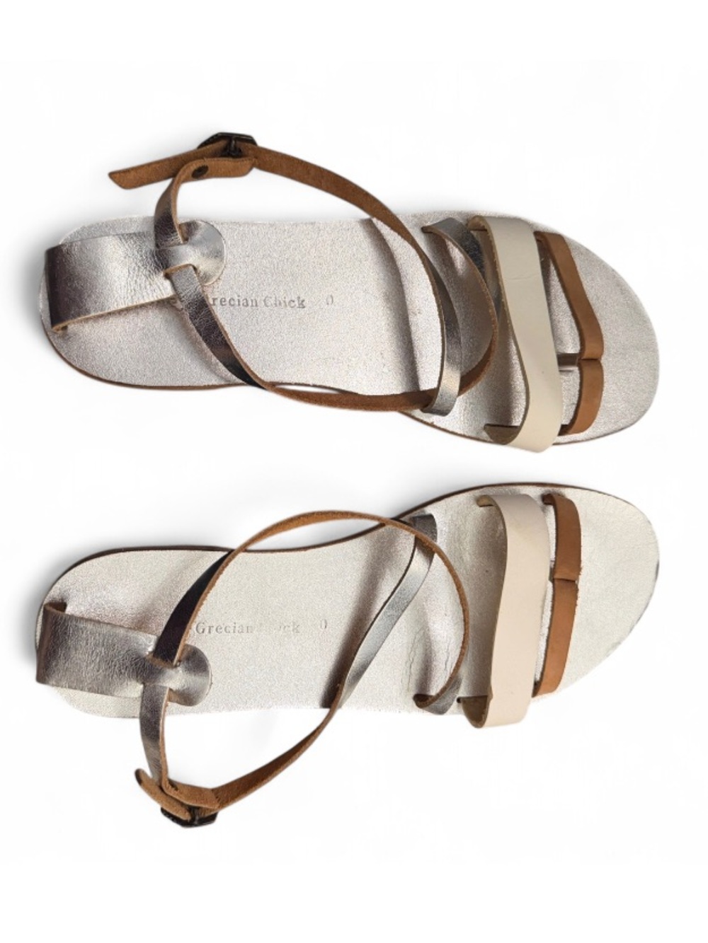 Greek Sandals Silver Footbed Sandals with Cream and Brown Straps